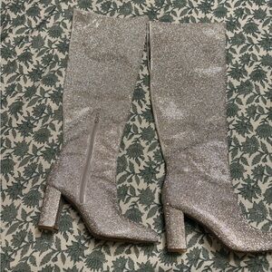 INC International Concepts Silver Glitter Over-the-Knee Block Heel Boots
